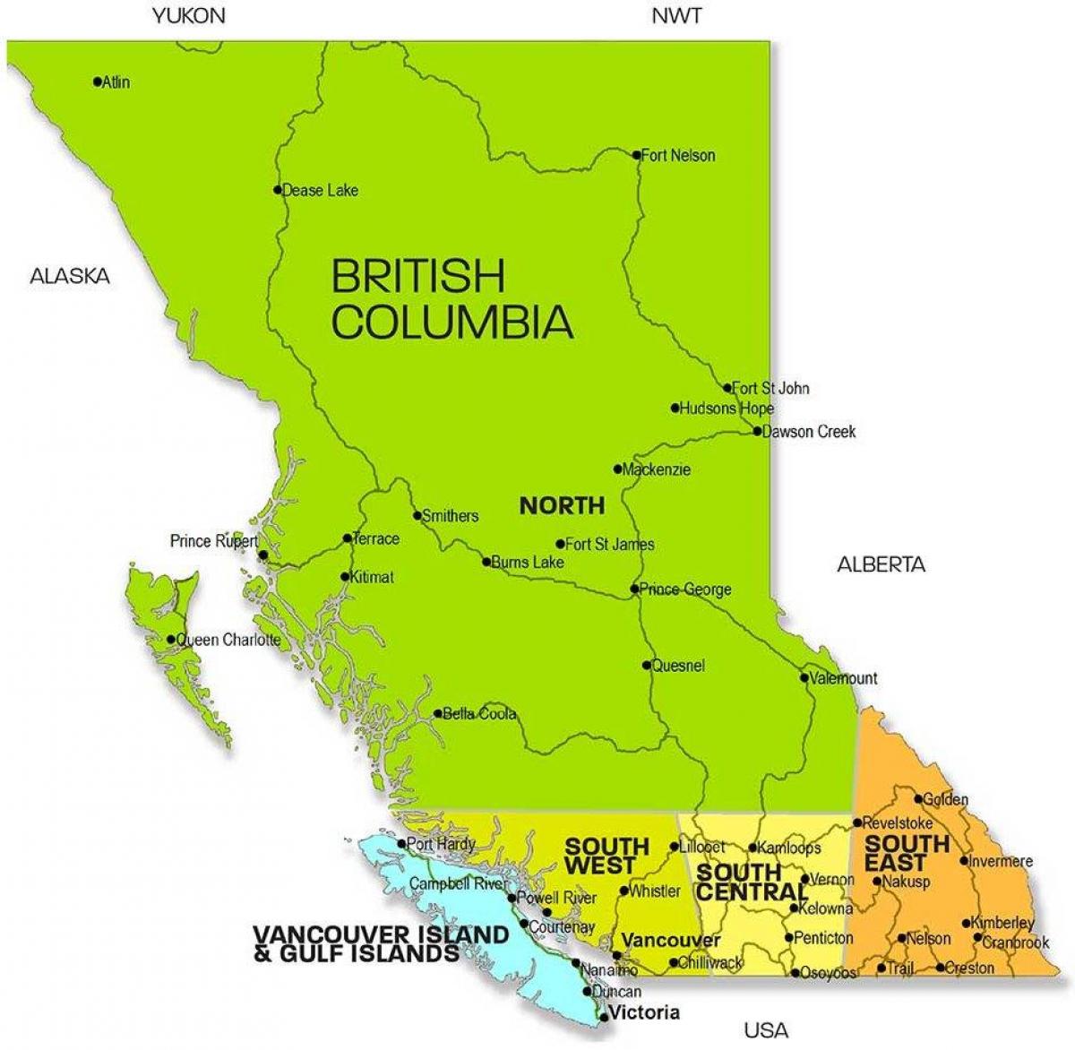 Mapa britanskoj kolumbiji regionima