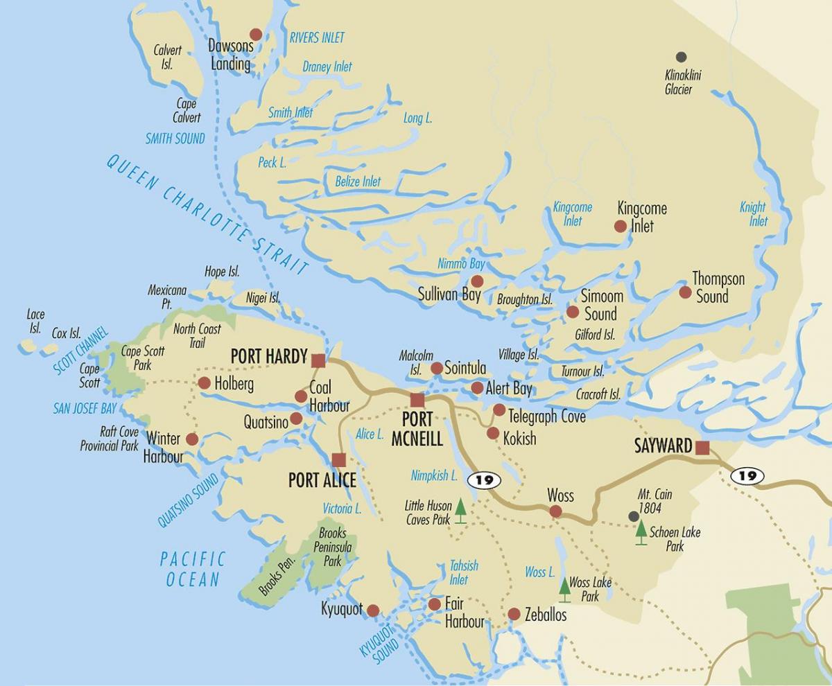 Mapa na sjever vankuveru ostrvo
