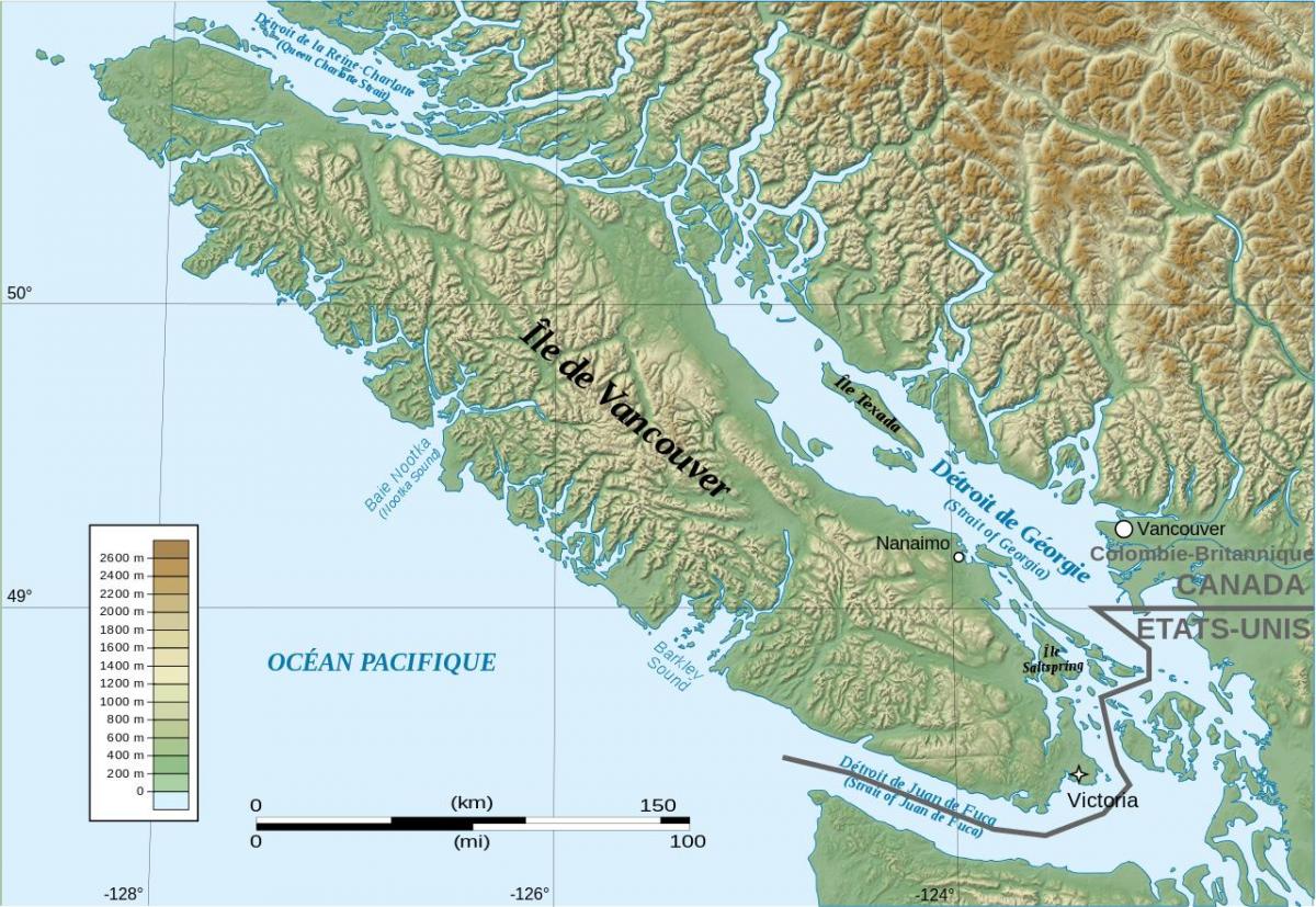 Mapa topografske vankuveru ostrvo